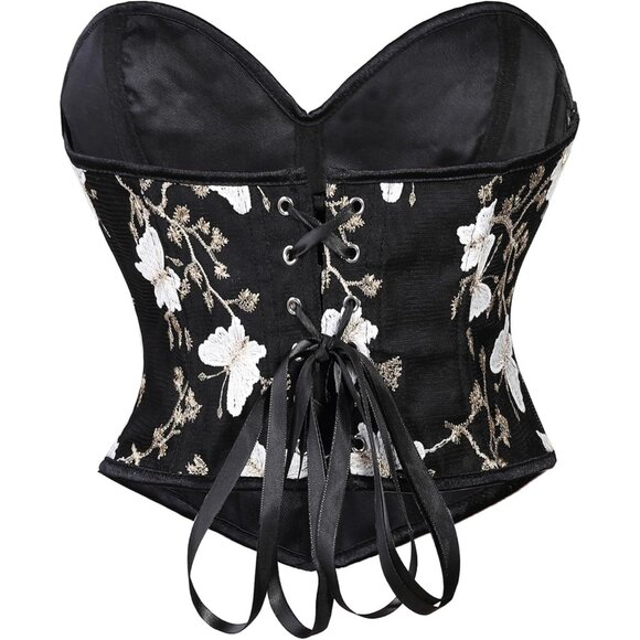 Women Black Floral Lace Up Boned Overbust Corset Top Bustier Lingerie Bodysuit - Picture 6 of 6